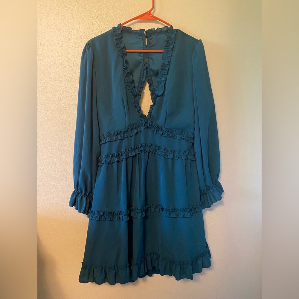 Teal Ruffle Long Sleeve Backless Dress